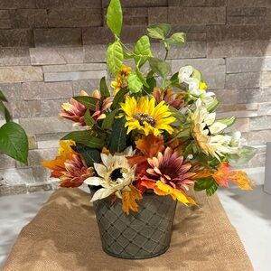 Autumn Bloom Faux Floral Arrangement in Metal Pot